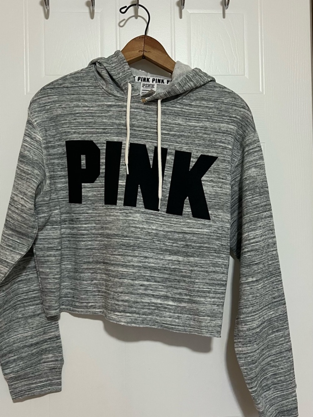 BNWT- Pink Rose Gray Marled Cropped Hoodie with Black Logo